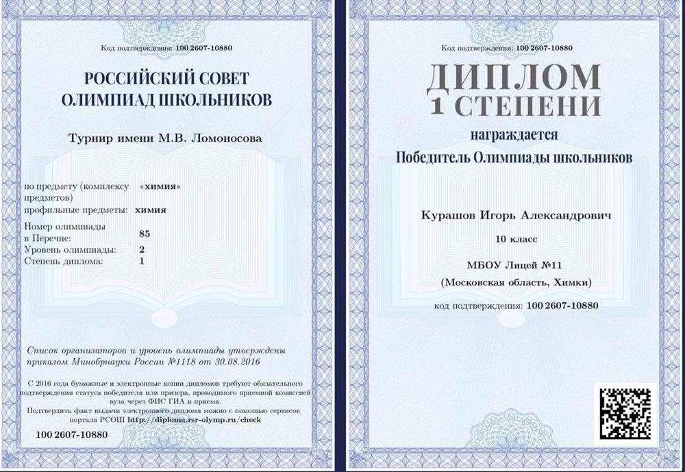 Российский совет олимпиад школьников, диплом I степени, победитель турнира имени М. В. Ломоносова по химии