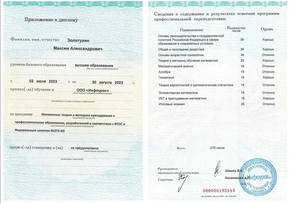 Приложение к диплому о профессиональной переподготовке