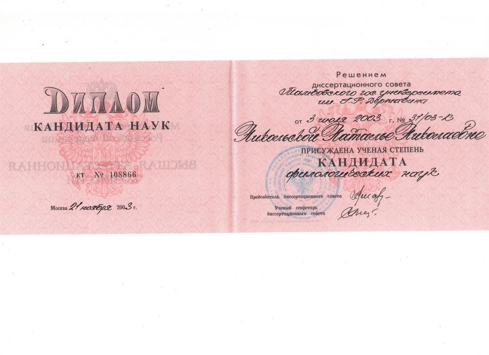 Диплом кандидата филологических наук