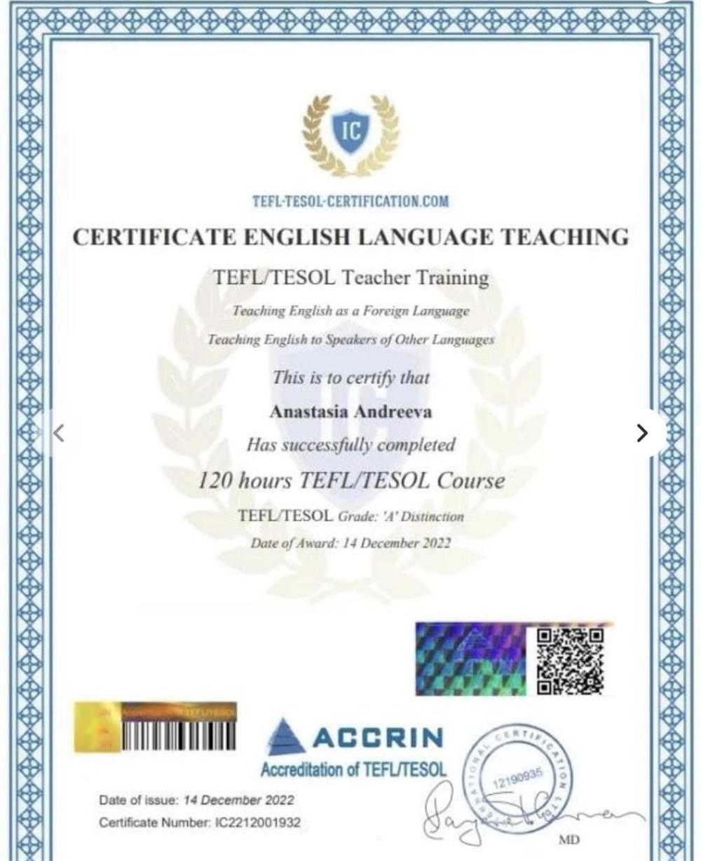 TEFL/TESOL Course 120 hours Grade “A”