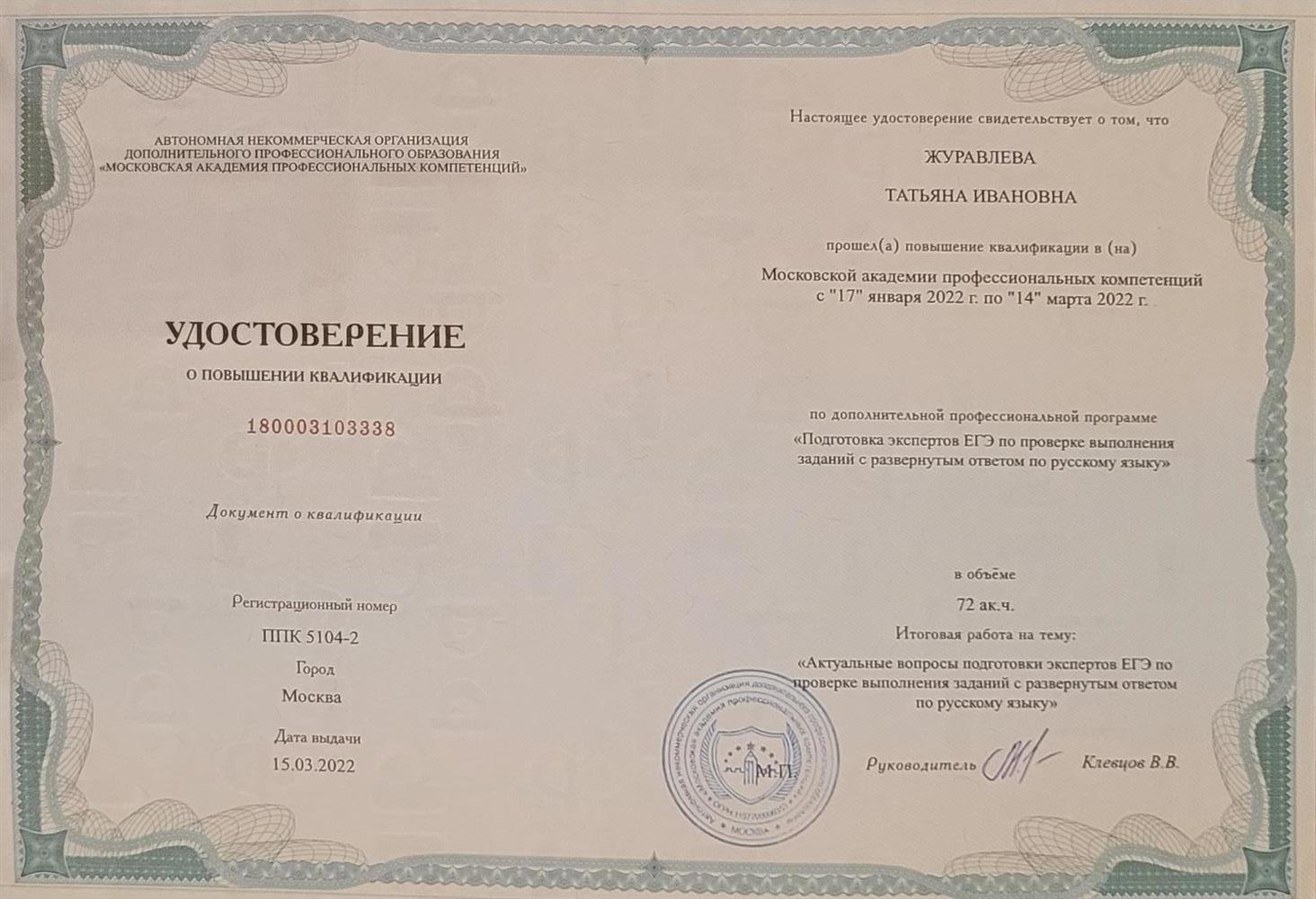 Удостоверение о повышении квалификации 