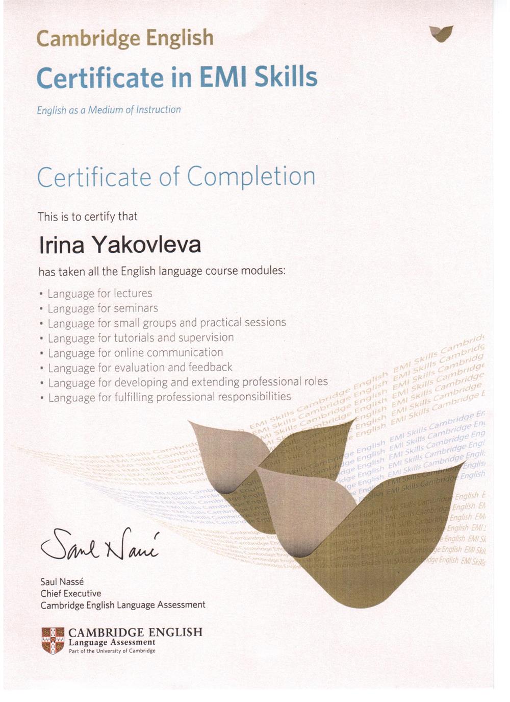 Certificate in EMI Skills (English as a Medium of Instruction). Квалификация для педагогов, которые используют английский для преподавания в ВУЗах.