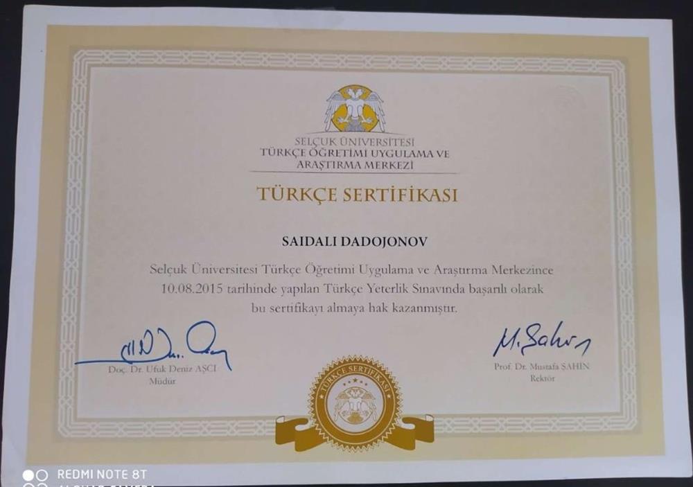 Сертификат (диплом) турецкий язык и литература