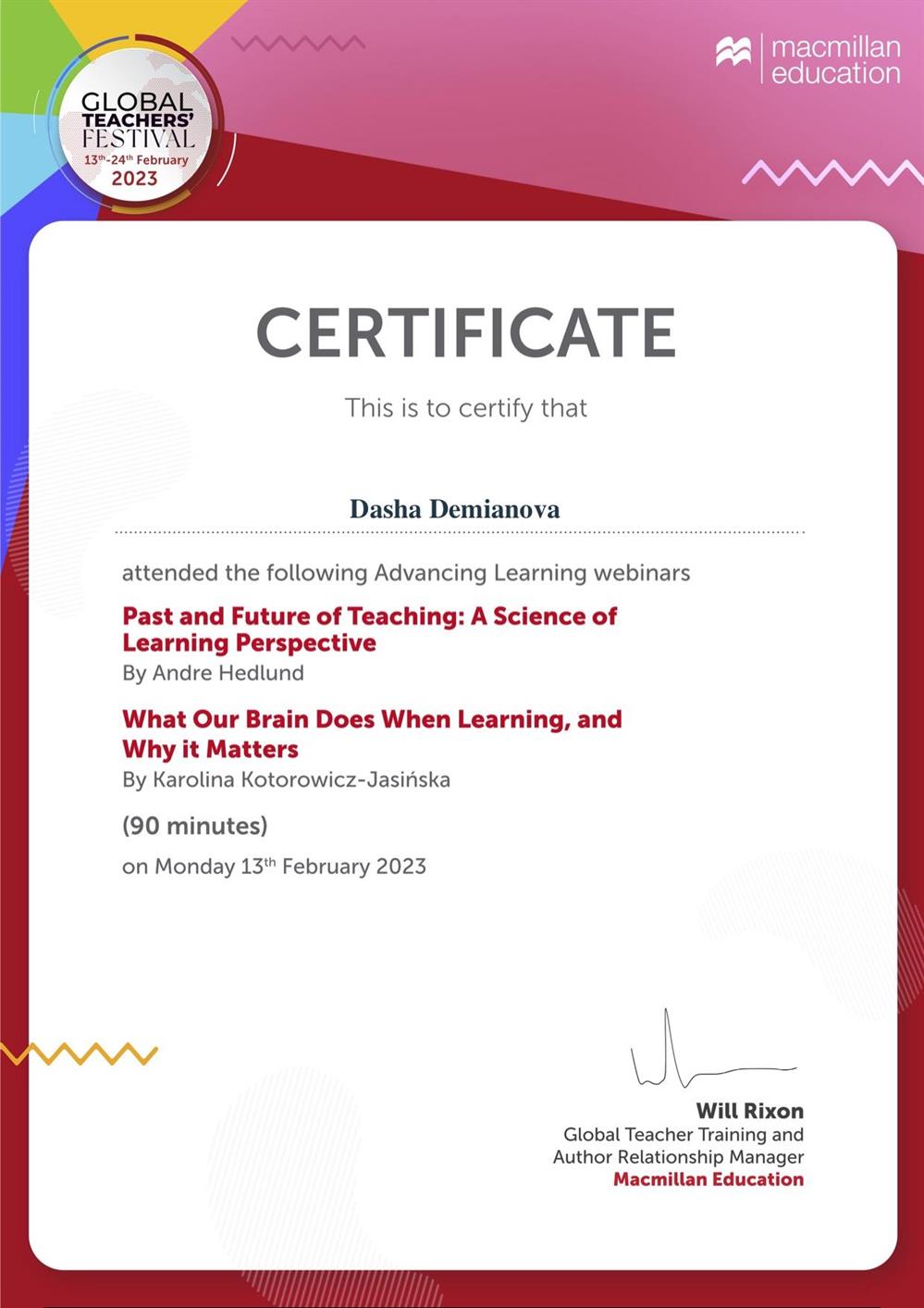 Advancing learning Certificate 2023