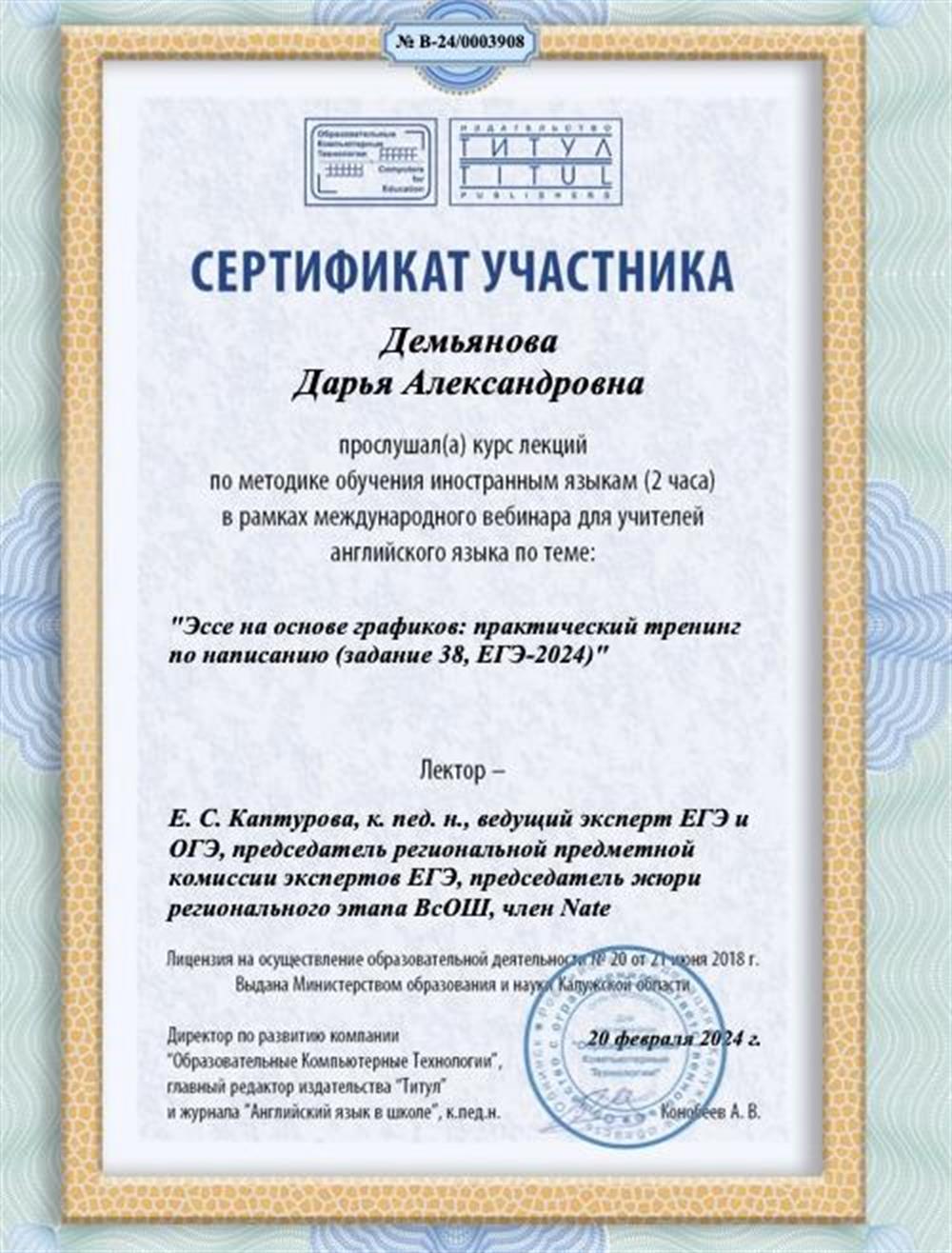 Сертификат участника. Эссе на основе графиков: практический тренинг по написанию ЕГЭ 2024