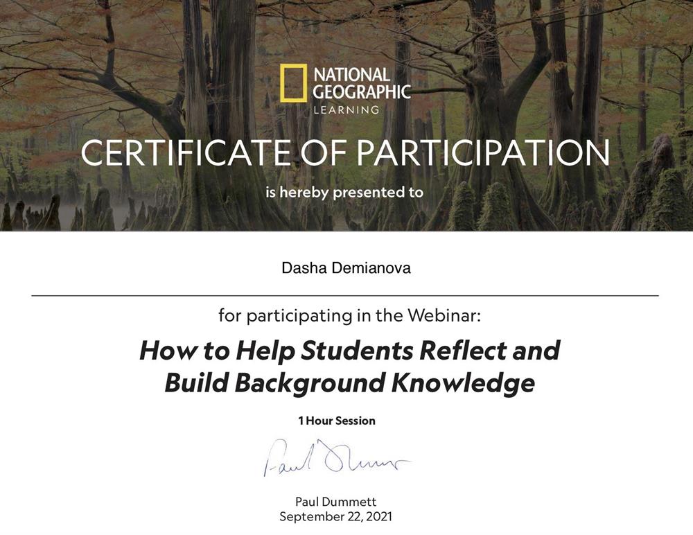 How to Help Students Reflect and Build Background Knowledge. Certificate 2021