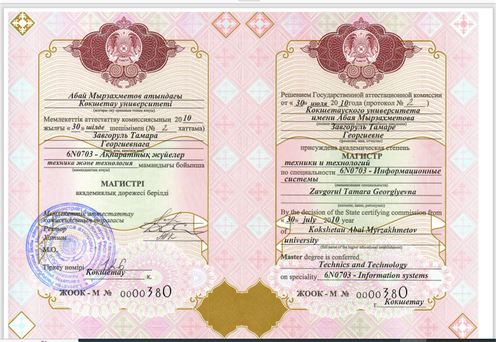 Диплом об окончании магистратуры