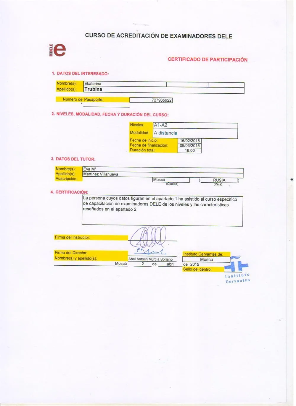 Certificado acreditativo Examinadora DELE A1/A2