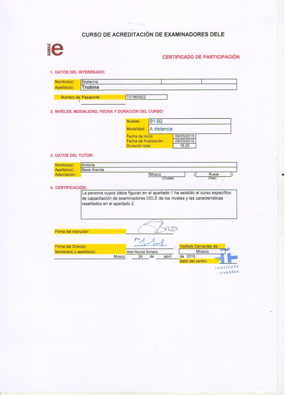 Certificado acreditativo Examinadora DELE B1/B2