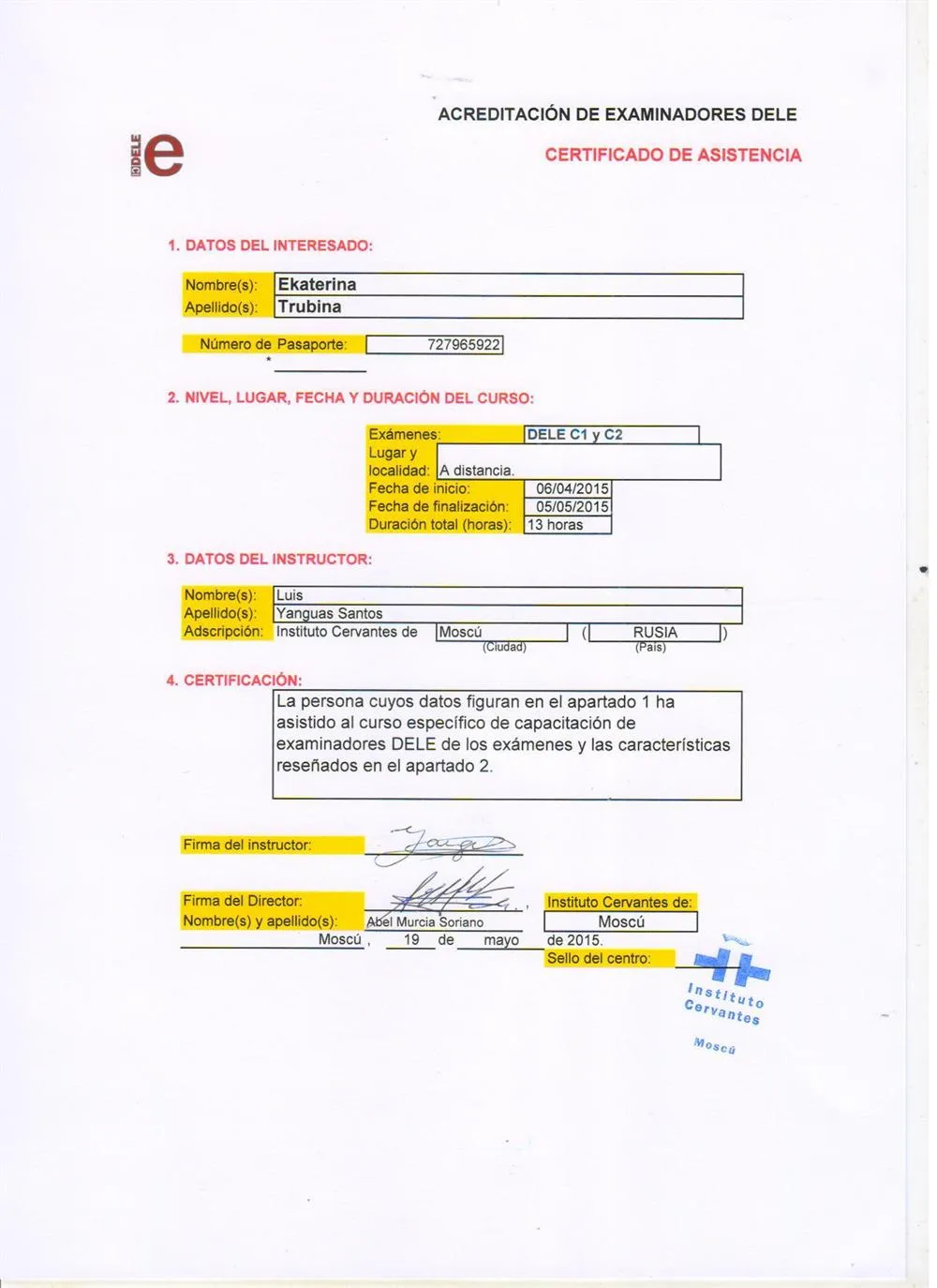 Certificado acreditativo Examinadora DELE C1/C2
