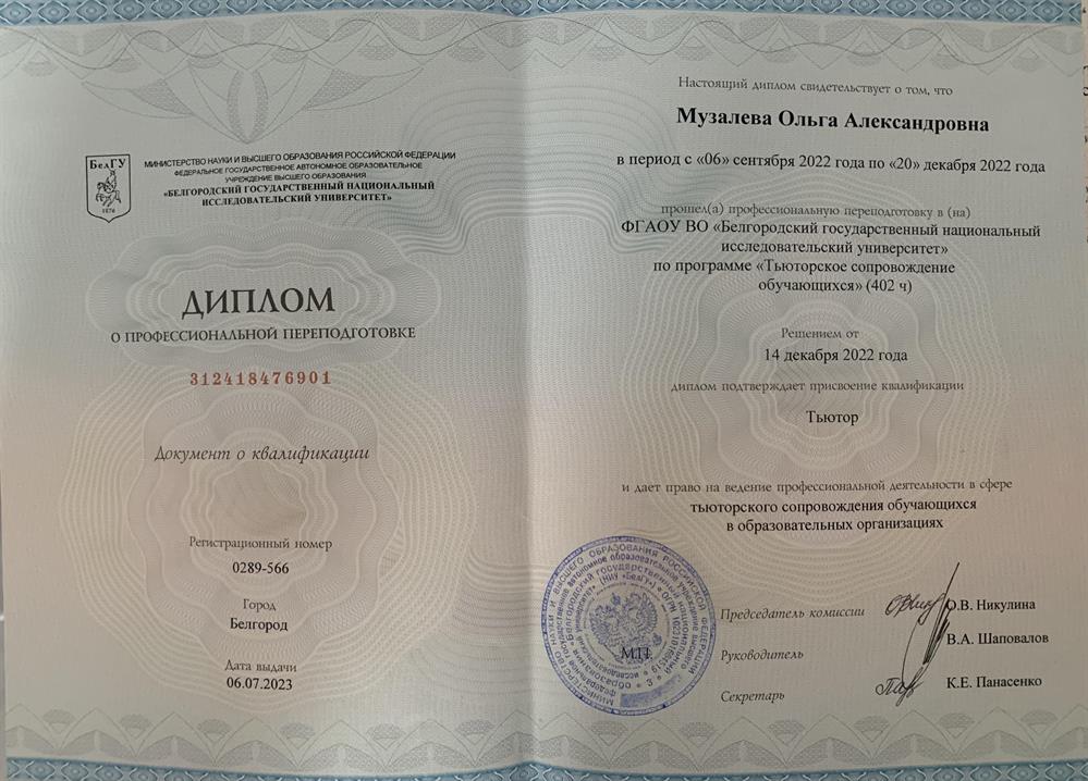 Диплом о профессиональной переподготовке «Тьютор»