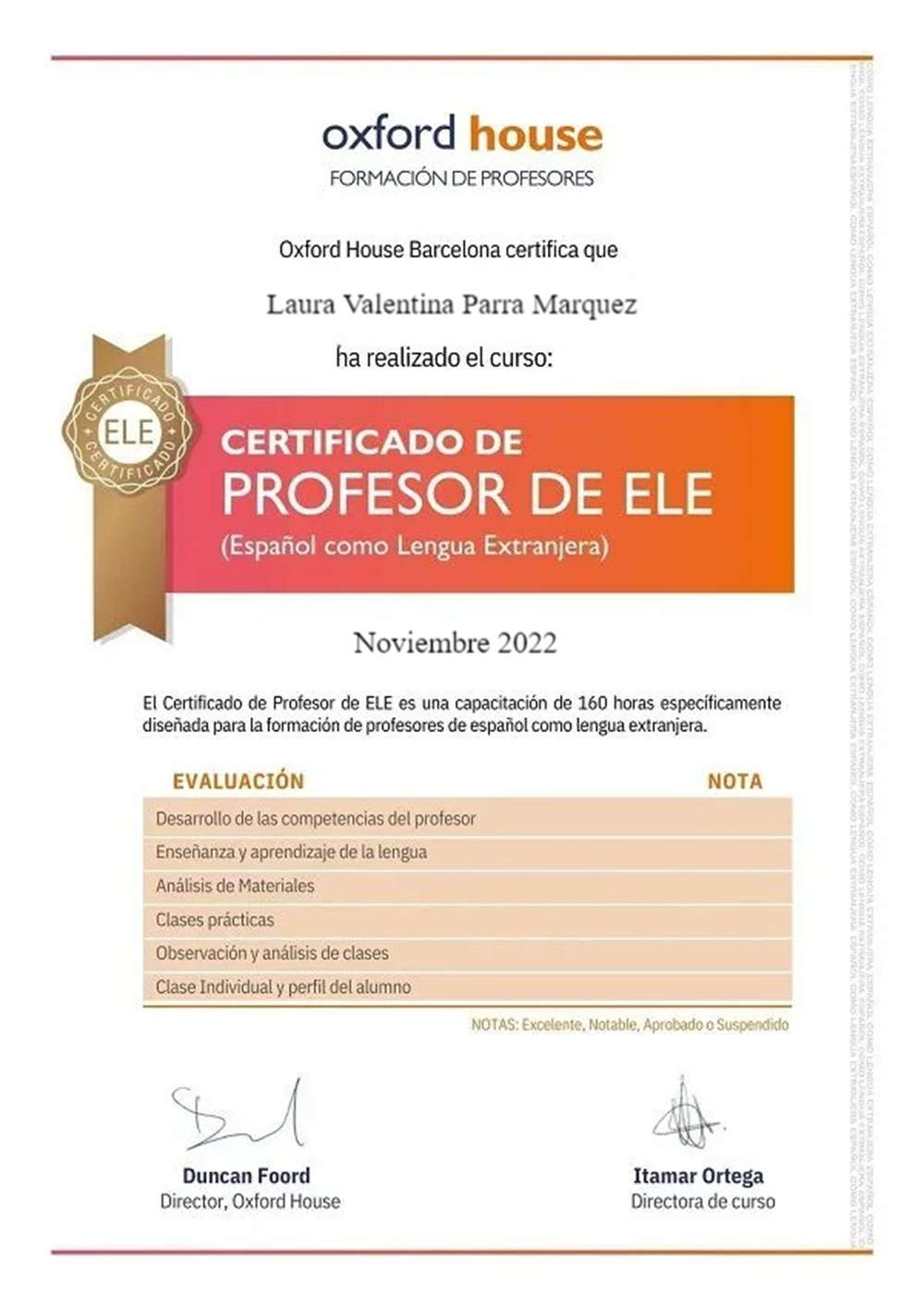 Certificado de profesor de ELE 