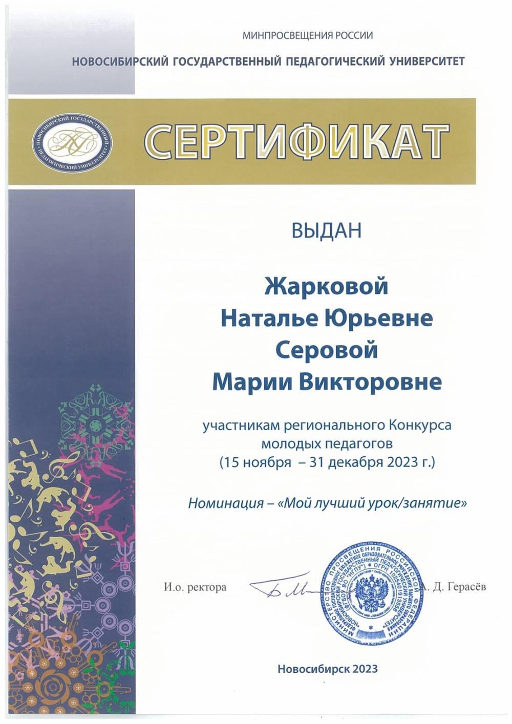 Сертификат. Участница регионального конкурса молодых педагогов, номинация "Мой лучший урок"