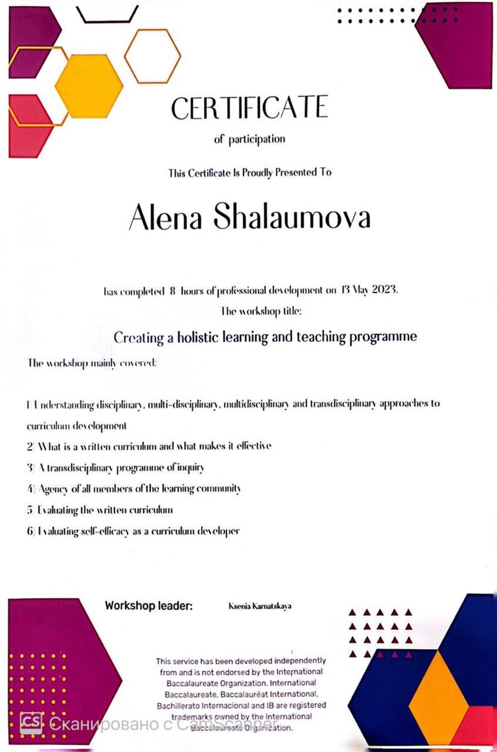 Сертификат участника семинара Ксении Карнатской 'Creating a holistic learning and teaching programme' (8 часов)  