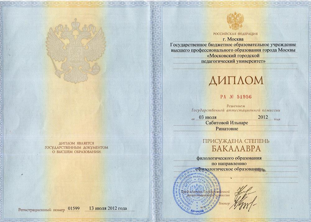 Диплом бакалавра филологического образования по направлению «Филологическое образование»