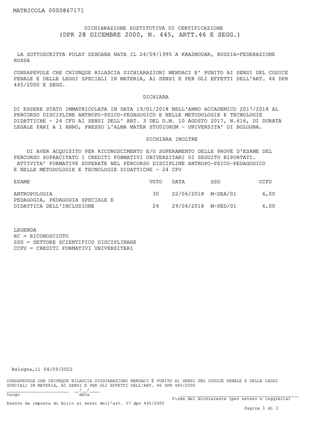 Certificato percorso formativo