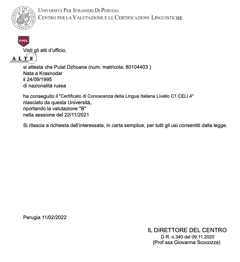 Certificato CELI 4