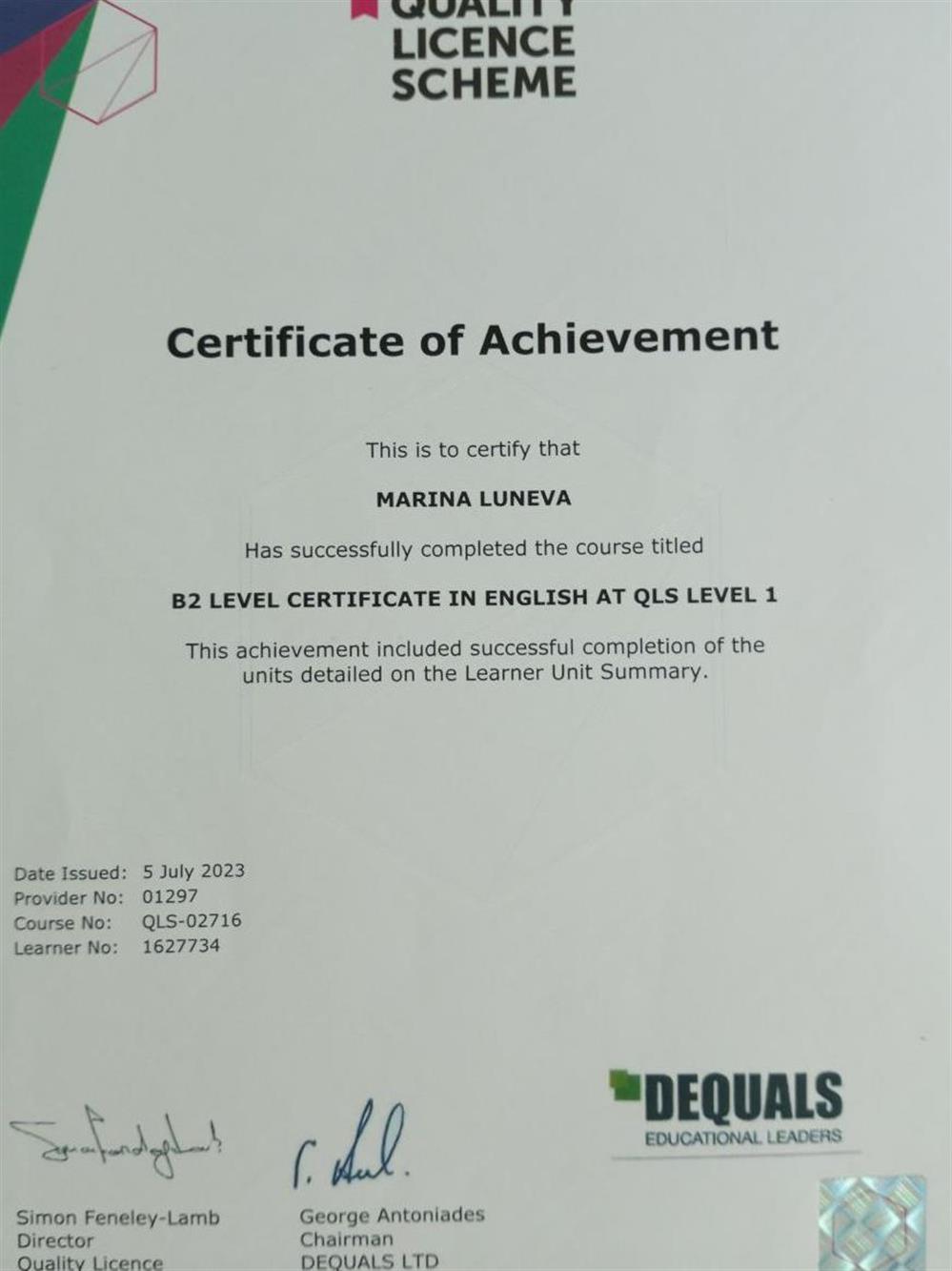 B2 LEVEL CERTIFICATE IN ENGLISH AT QLD LEVEL 1