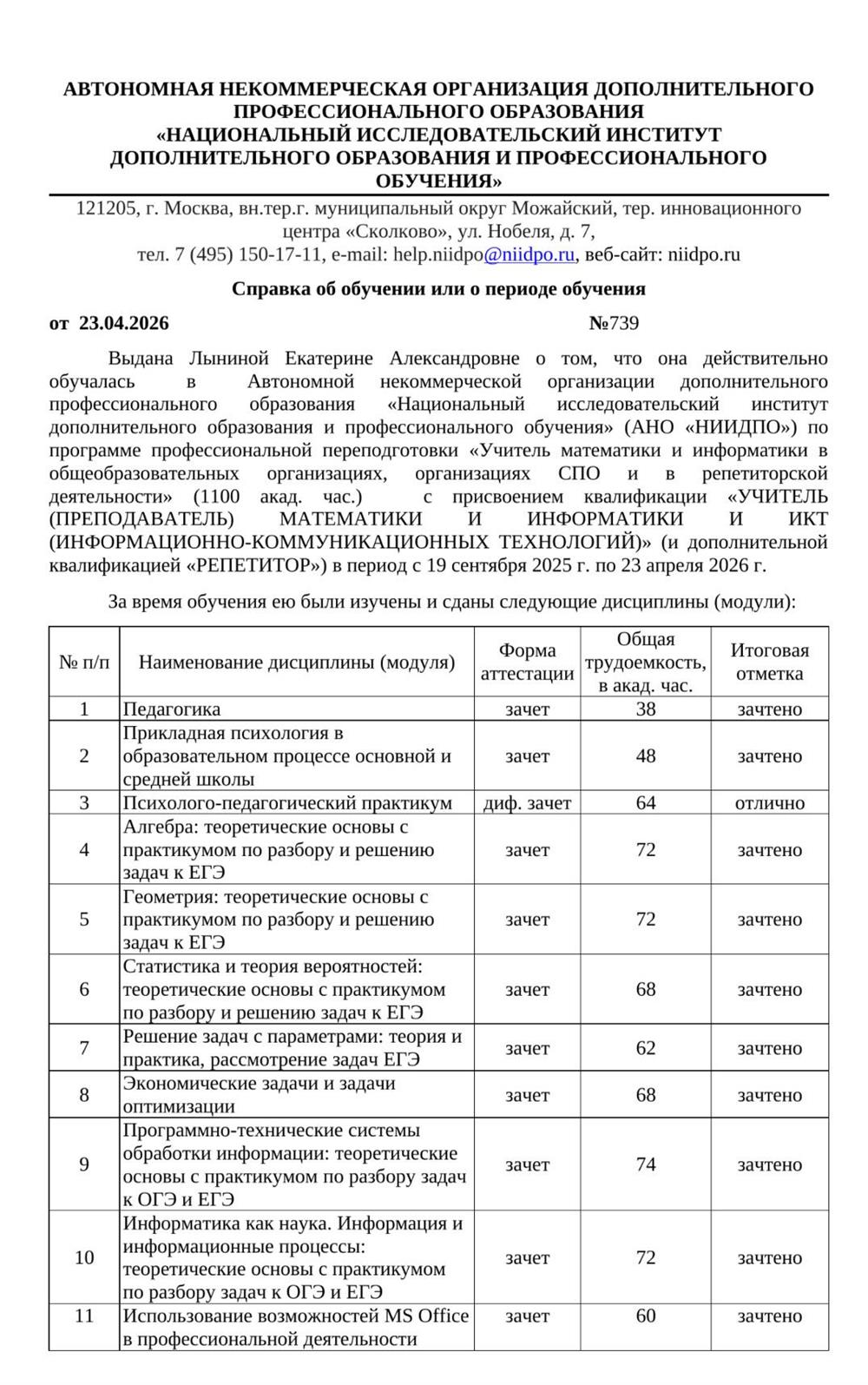 Справка об окончании обучения по профессии Педагог математики и информатики 
