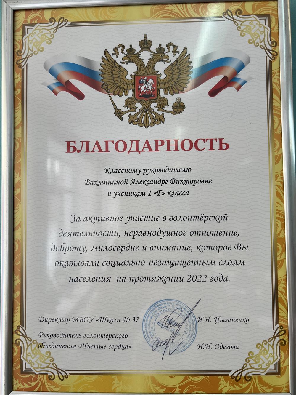 Благодарность за участие класса в волонтерской деятельности