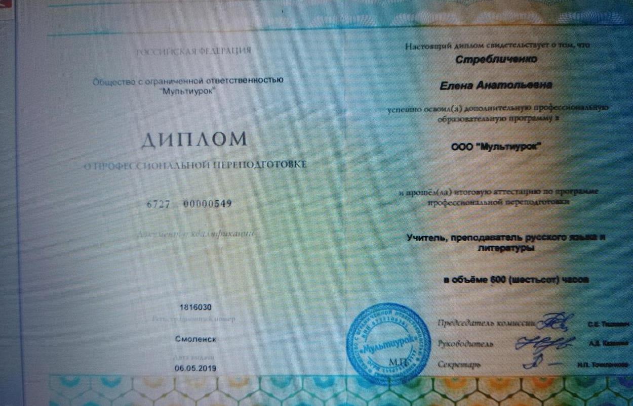 Переподготовка: учитель, преподаватель русского языка и литературы