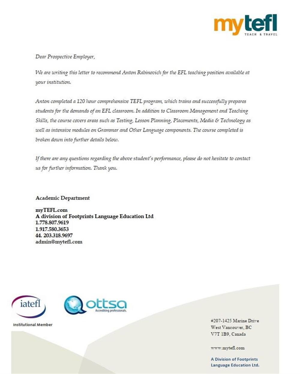 Letter of Recommendation - 120 hour course