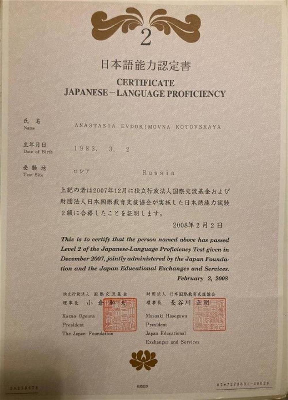 Сертификат JLPT N2
