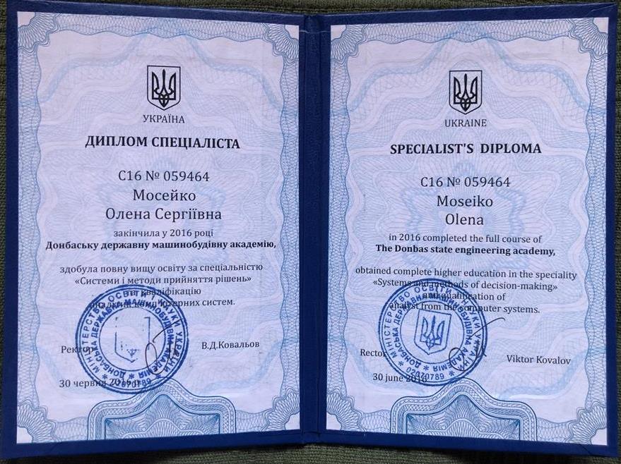 Диплом о полном высшем образовании по специальности «Системы и методы принятия решений»