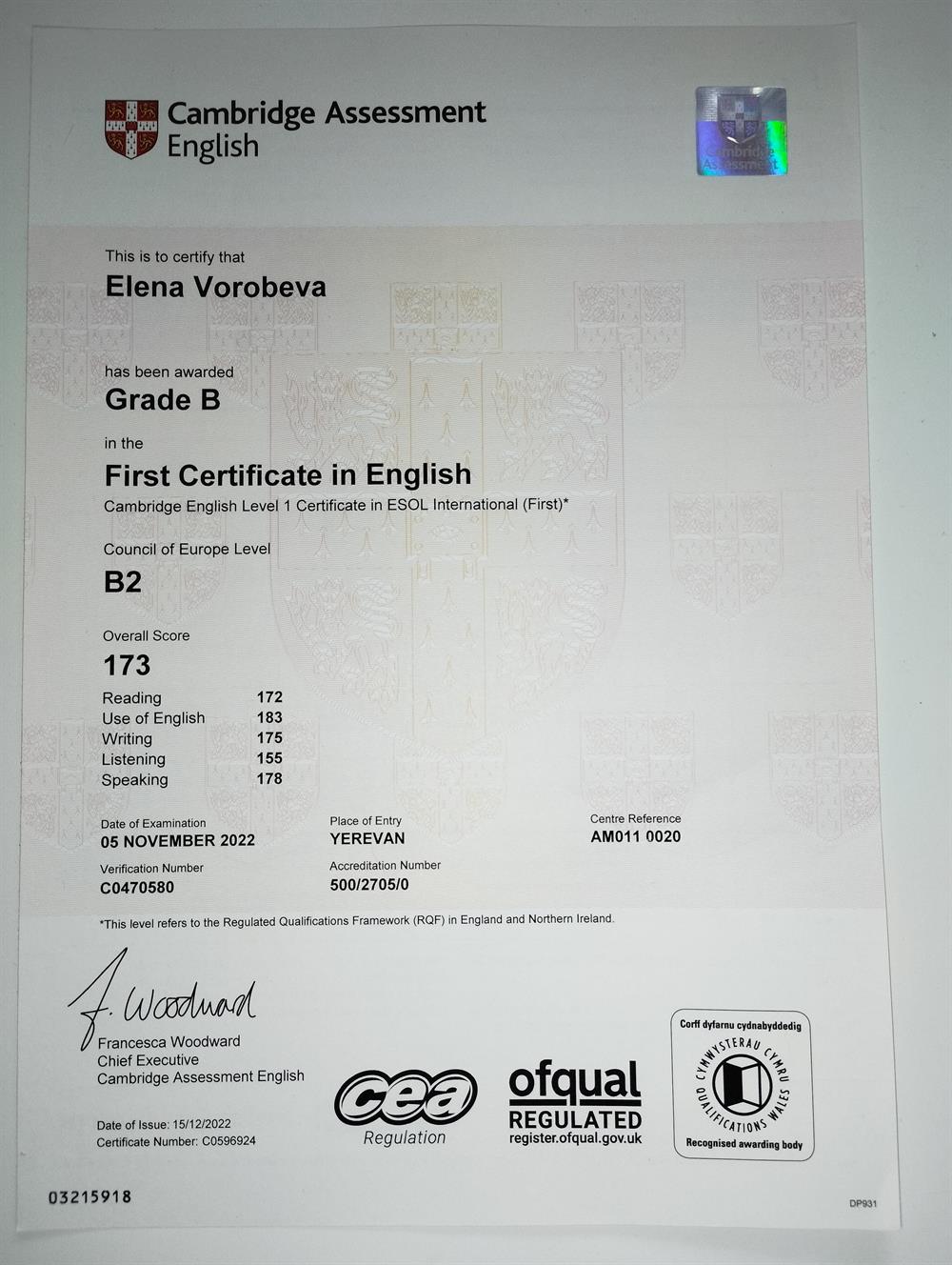 Cambridge certificate B2