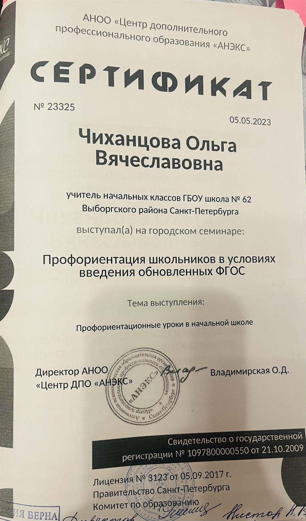 Сертификат «профориентация школьников…»