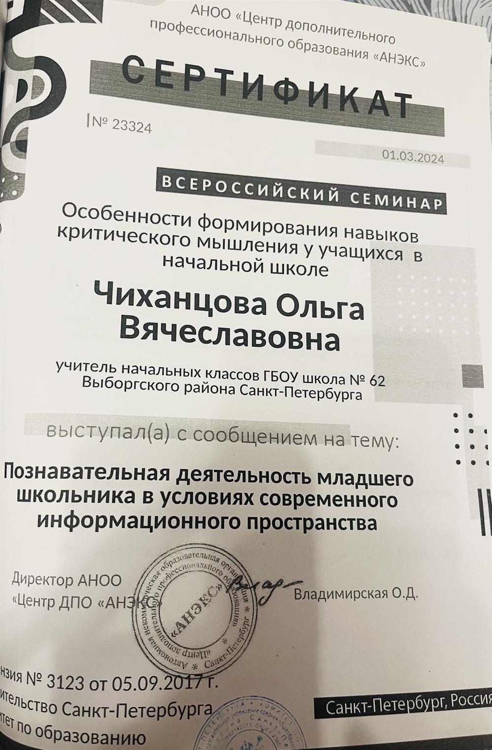 Сертификат «Познавательная деятельность младшего школьника в условиях информационного пространства»