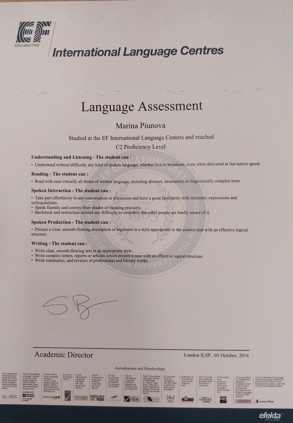 EF (Language Assessment, C2)