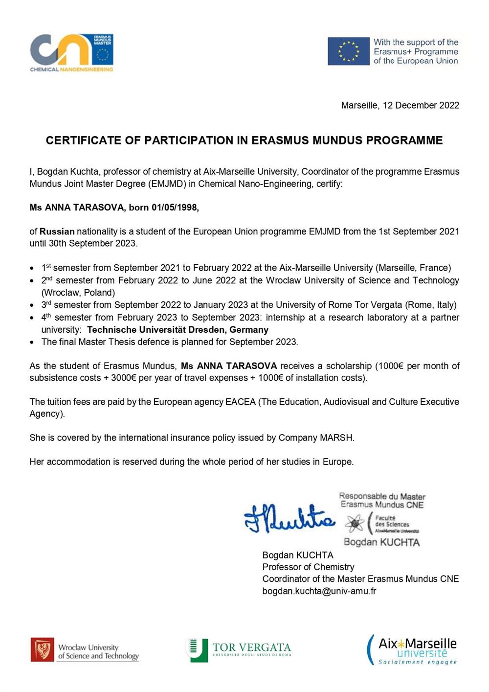 Erasmus Mundus Master Confirmation 