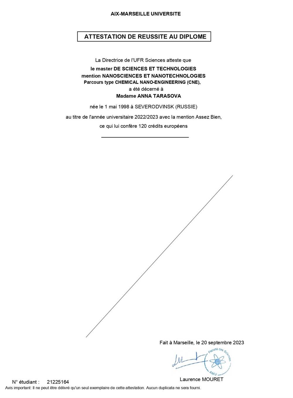 Сертификат. Master degree at Aix-Marseille Universite 