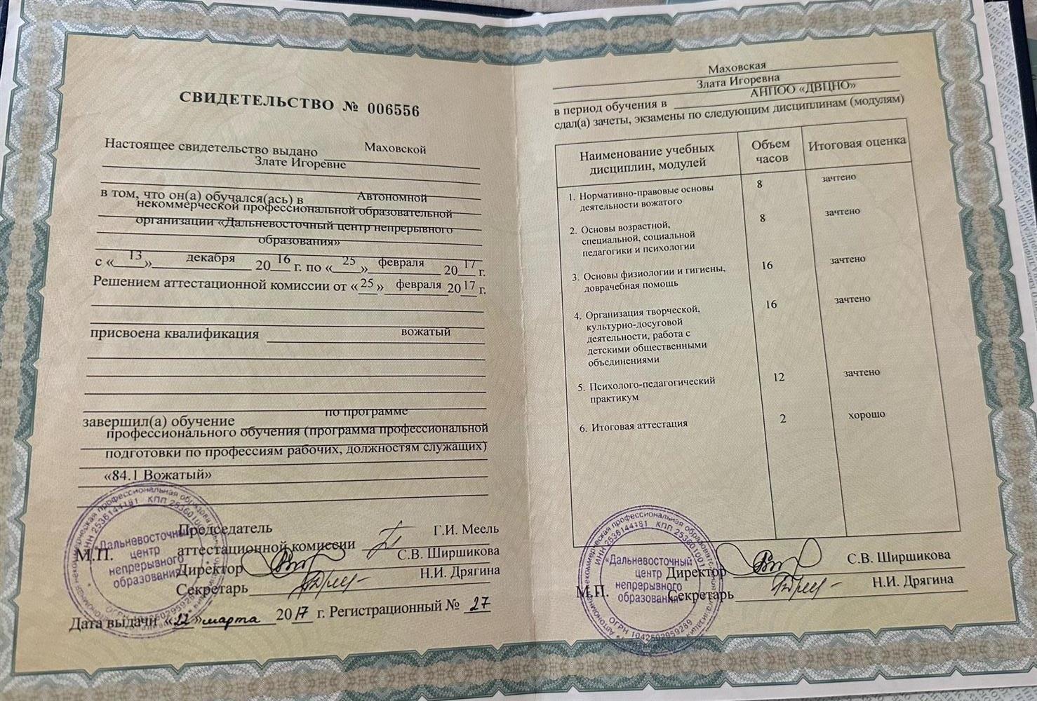 Свидетельство о профессии рабочего, должности служащего