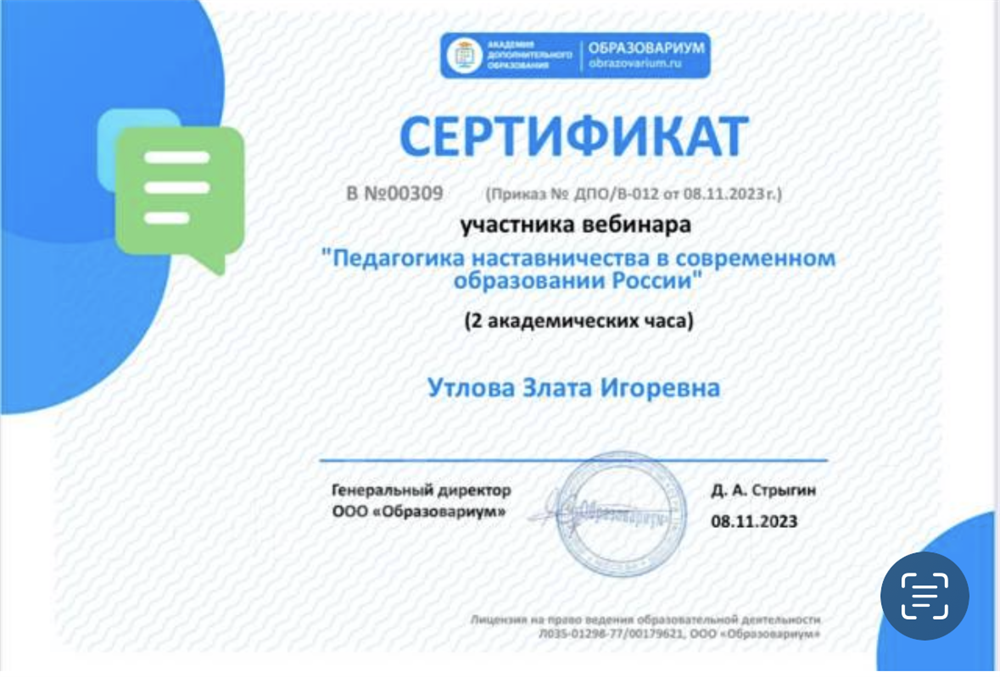 Сертификат участника вебинара «Педагогика наставничества в современном образовании России»