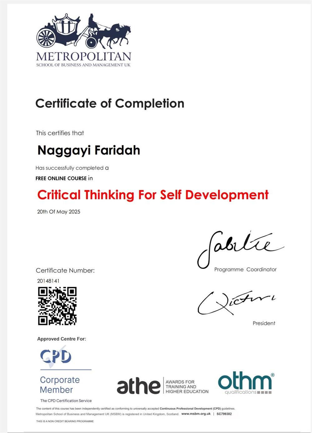 Сертификат. Professor course from Metropolitan School of Business and Management, UK
