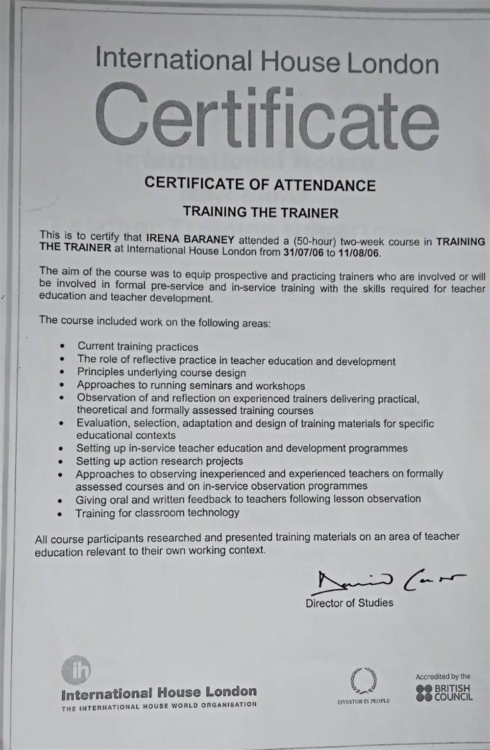 International House London Certificate         Course Training the Trainer 