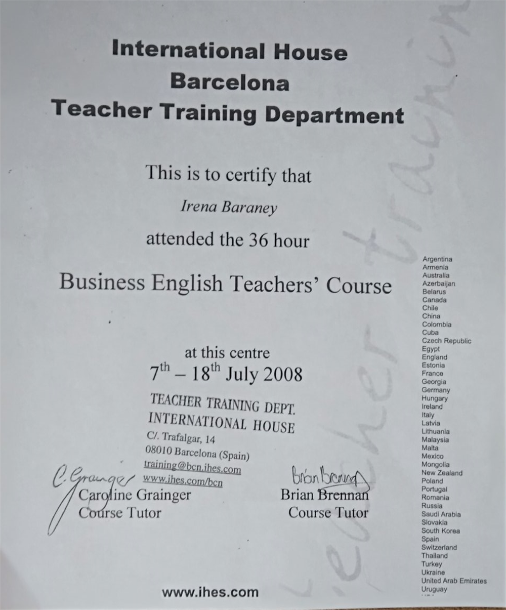International House Barcelona  Certificate         Business English Teachers' Course