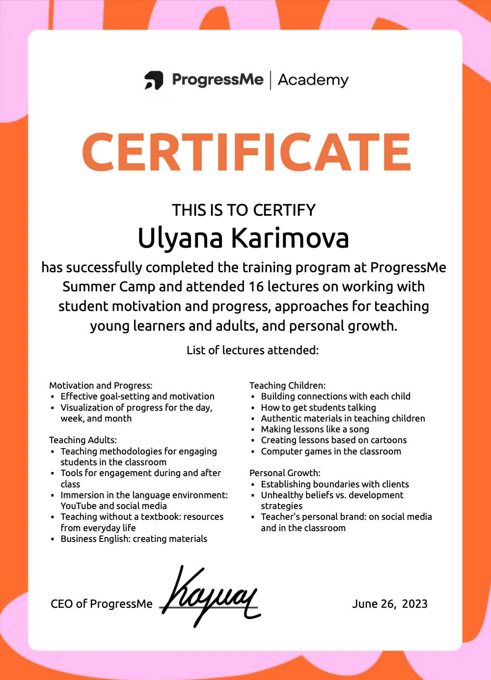 Certificate Progress Me