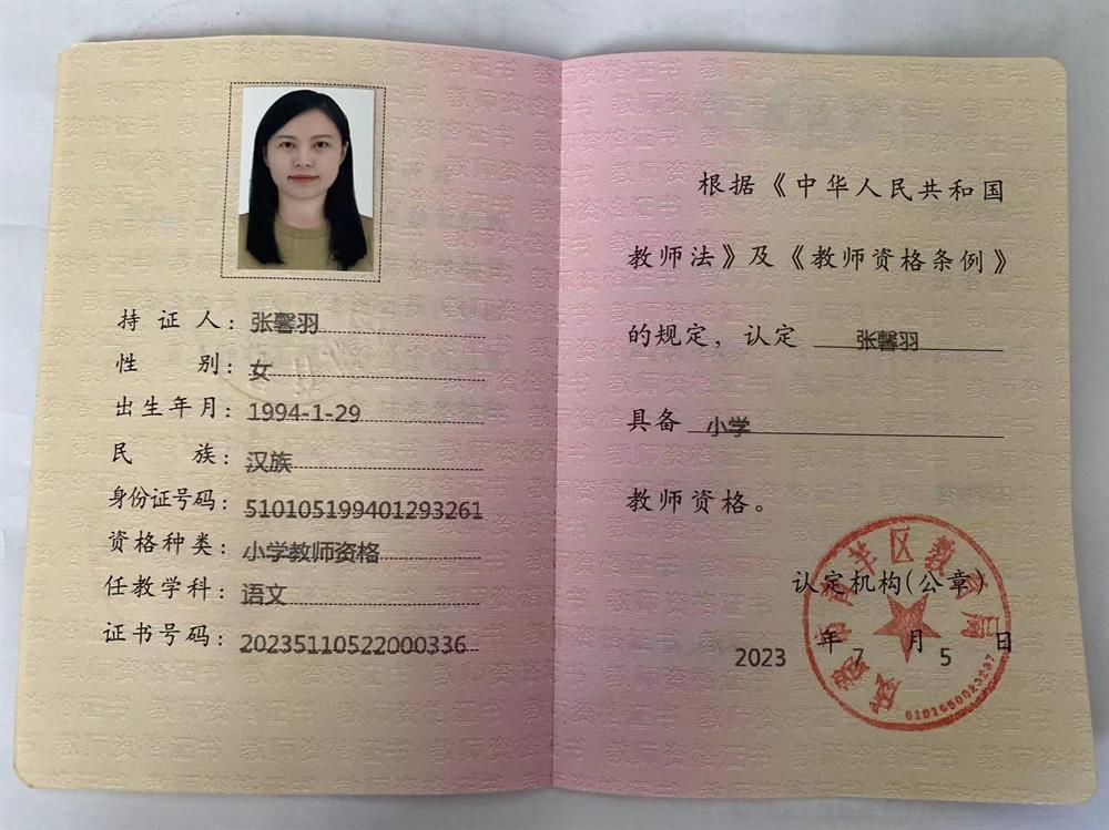 National Teacher Certificate Examination Certificate (Chinese Teacher)