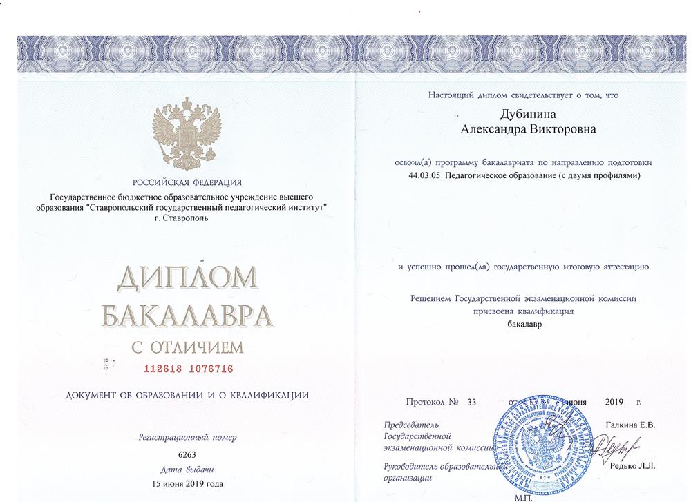 Диплом бакалавра с отличием, 2019г.