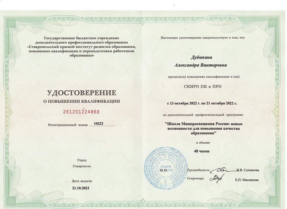 Курсы повышения квалификации по дополнительной профессиональной программе «Школа Минпросвещения России: новые возможности для повышения качества образования».