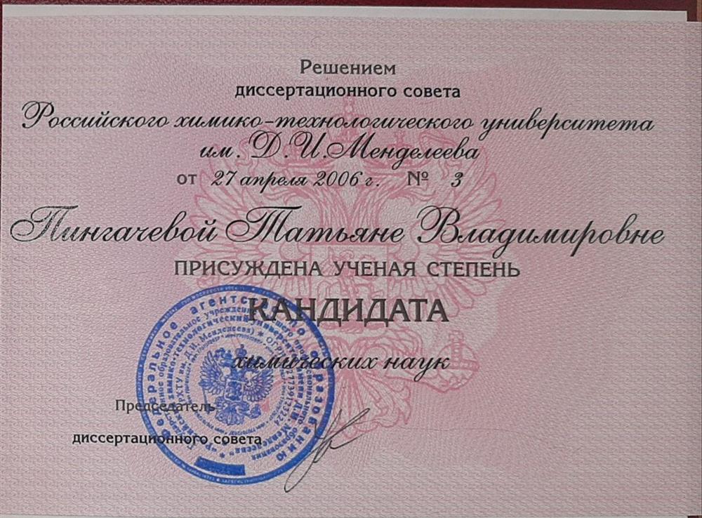 Диплом кандидата химических наук