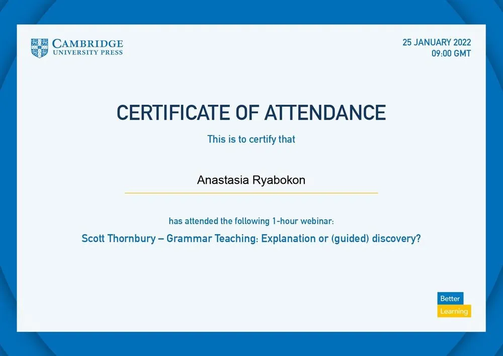 Сертификат участника вебинара Grammar Teaching: explanation or guided discovery?, спикер Scott Thornbury 