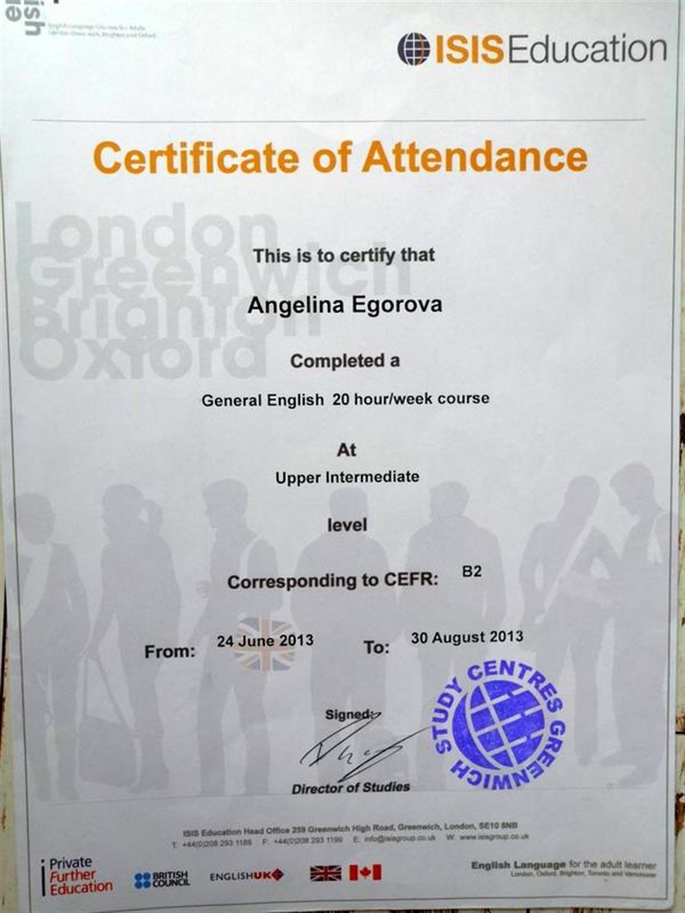 ISIS Greenwich School London, Upper-Intermediate English course 180 a. h, (Лондон)