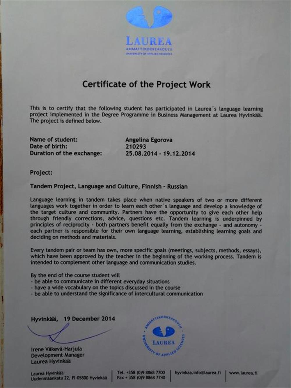 Laurea University of Applied Science, Tandem Project, Language and Culture, Finnish - Russian (Финляндия)