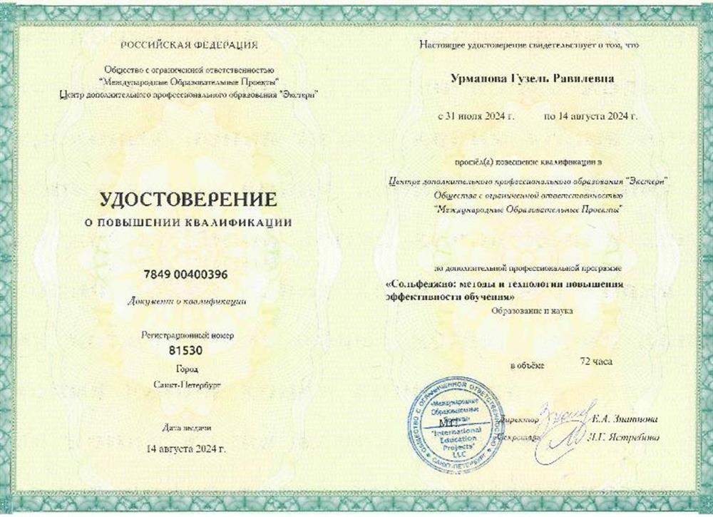 Удостоверение. Повышение квалификации по дополнительной профессиональной программе «Сольфеджио: методы и технологии повышения эффективности обучения»