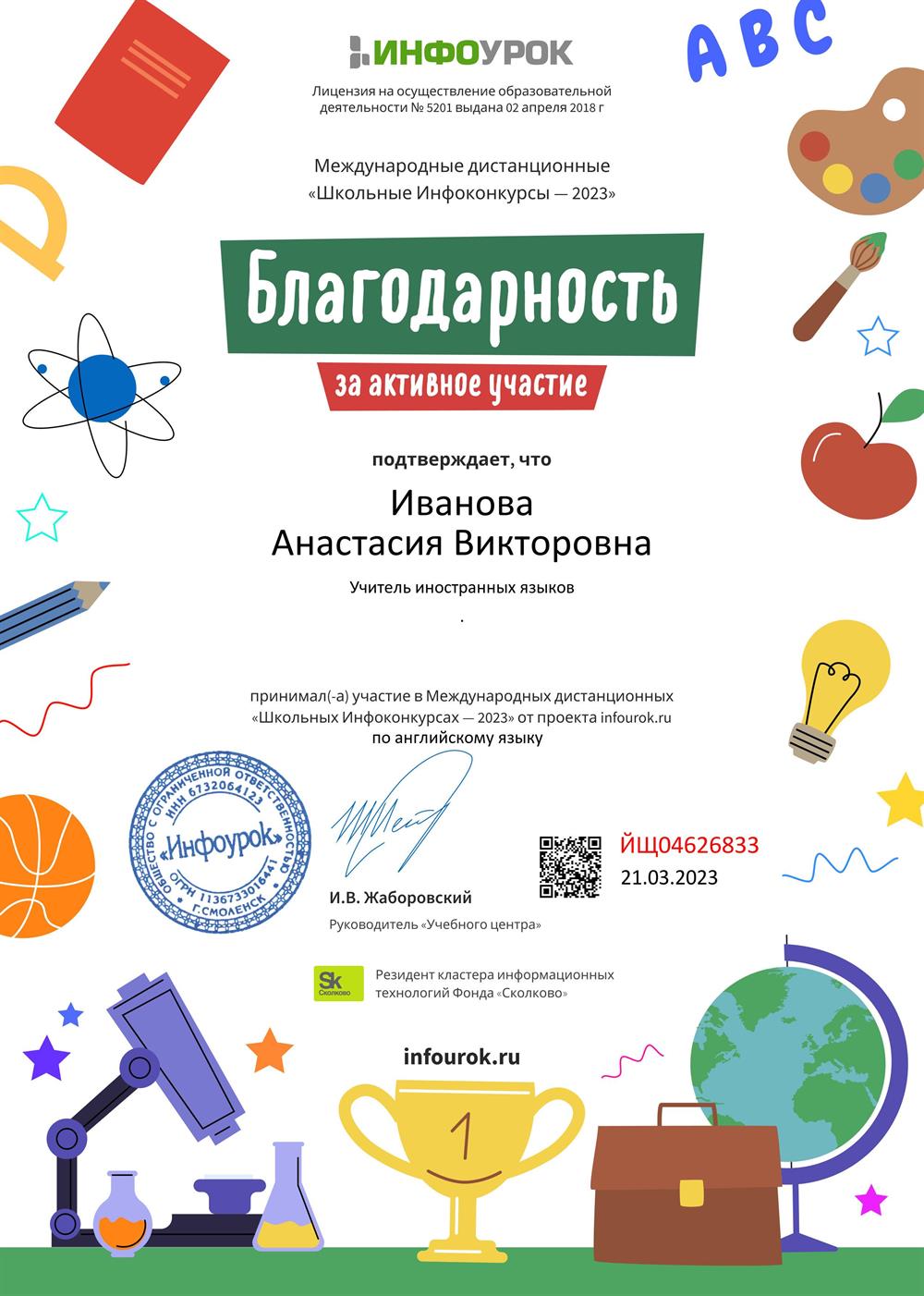 Благодарность за активное участие в международных дистанционных конкурсах