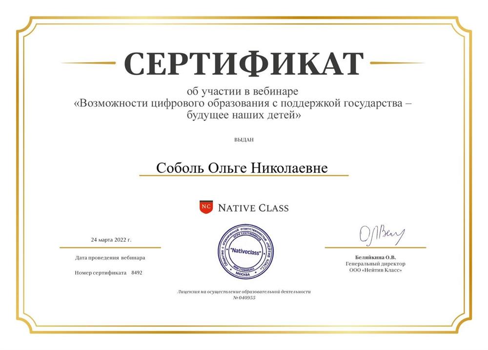 Сертификат "Возможности цифрового образования  с поддержкой государства"